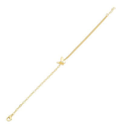 14 karat gold double strand paperclip bracelet with butterfly charm, shown worn