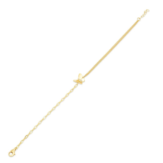 14 karat gold double strand paperclip bracelet with butterfly charm, shown worn