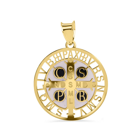 14 karat gold Saint Benedict medal pendant with white enamel detail