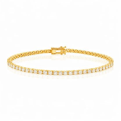 14 karat gold lab grown diamond tennis bracelet shown worn on the wrist