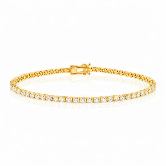 14 karat gold lab grown diamond tennis bracelet shown worn on the wrist