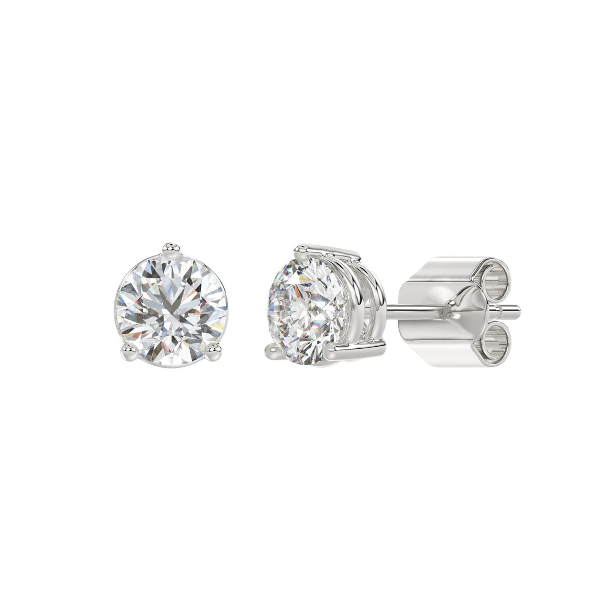 3-Prong Basket Round Brilliant Diamond Stud Earrings 2.5 ct, 10K White Gold, angled view