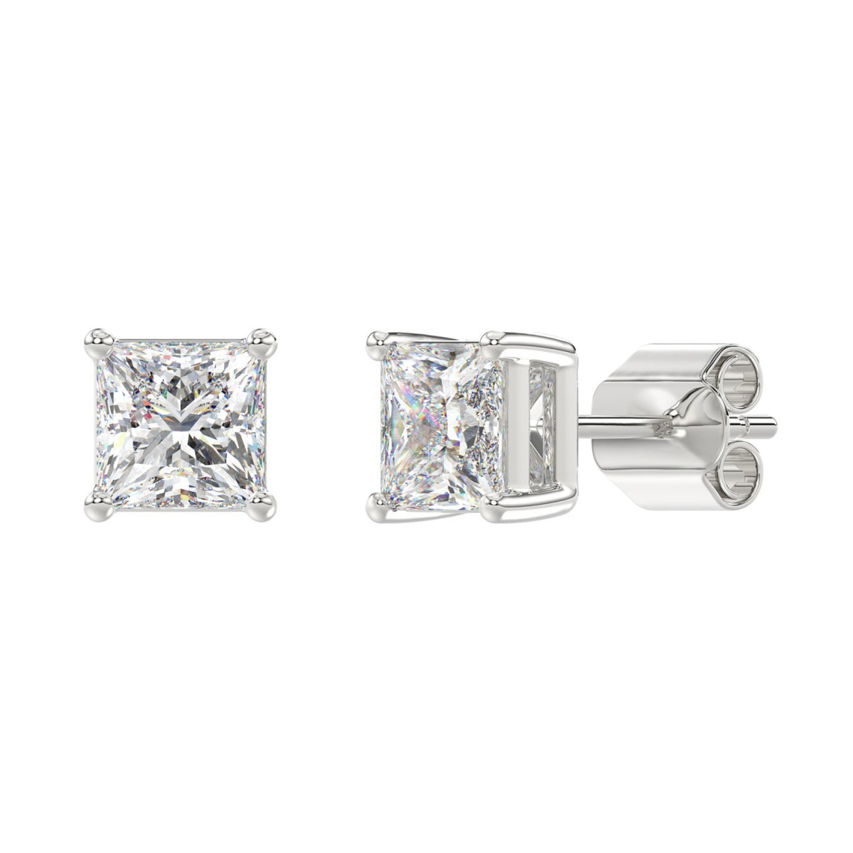 4-Prong Basket Princess Diamond Stud Earrings 3 ct, 10K White Gold, angled view