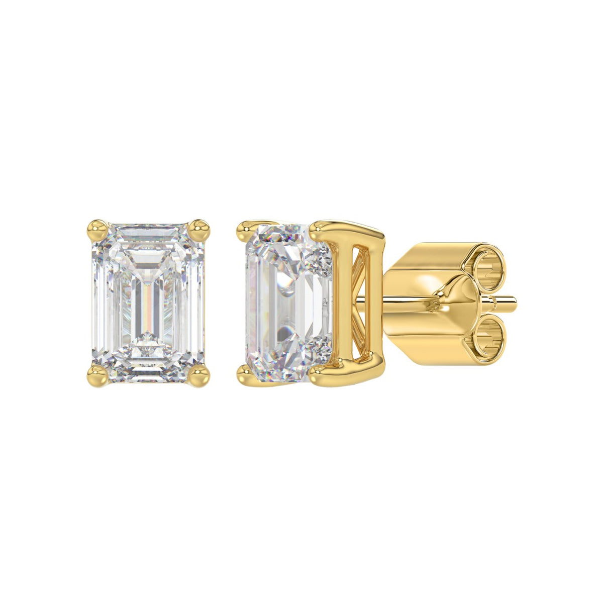 4-Prong Basket Emerald Cut Diamond Stud Earrings 3 ct, 10K Yellow Gold, angled view