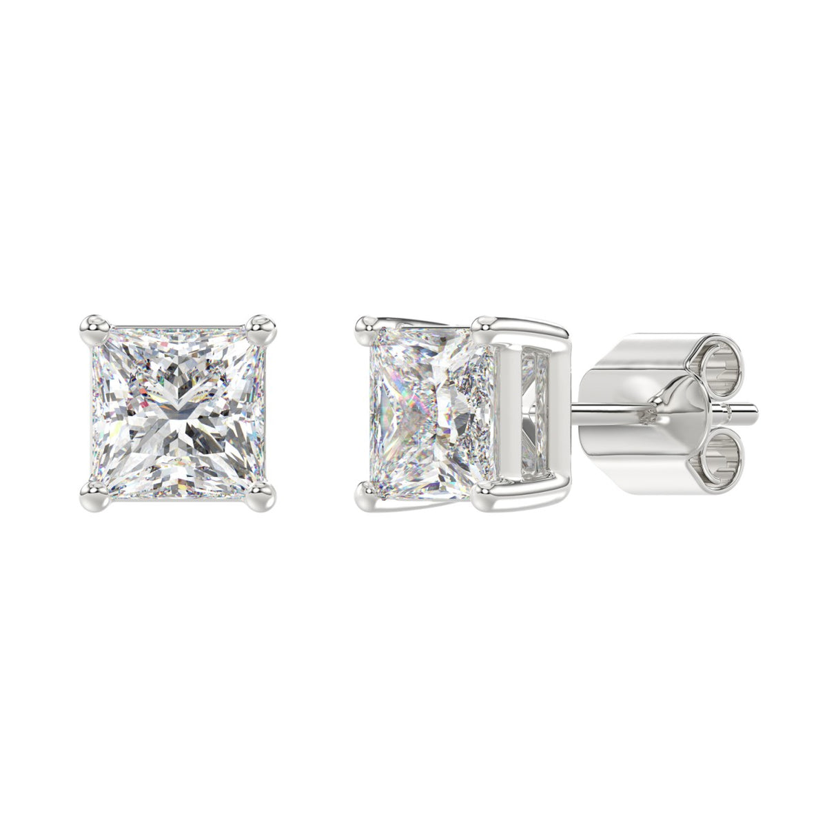 4-Prong Basket Princess Diamond Stud Earrings 4 ct, 10K White Gold, angled view