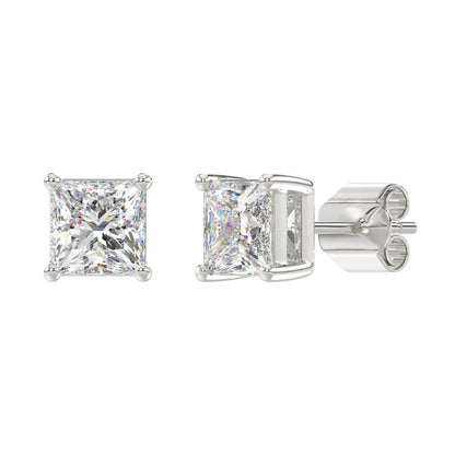 4-Prong Basket Princess Diamond Stud Earrings 4 ct, 10K White Gold, angled view