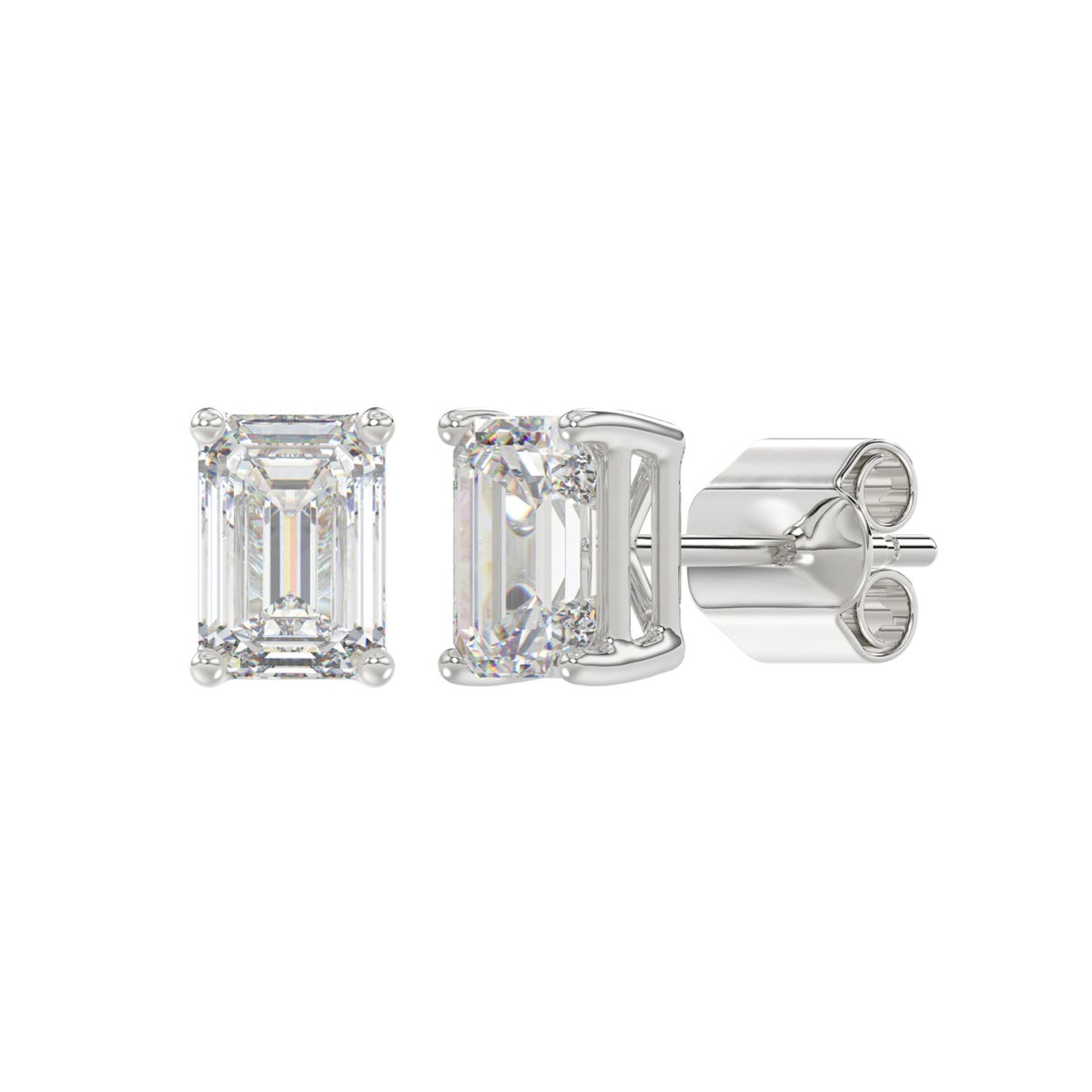 4-Prong Basket Emerald Cut Diamond Stud Earrings 2.5 ct, 10K White Gold, angled view