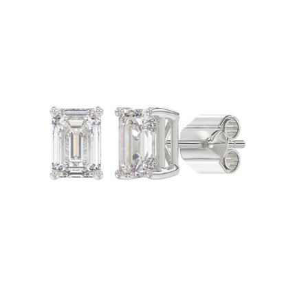 4-Prong Basket Emerald Cut Diamond Stud Earrings 2.5 ct, 10K White Gold, angled view