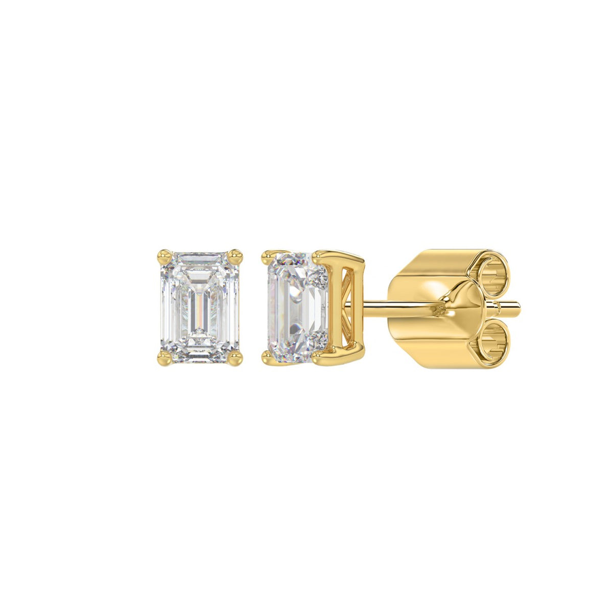 4-Prong Basket Emerald Cut Diamond Stud Earrings 1 ct, 10K Yellow Gold, angled view