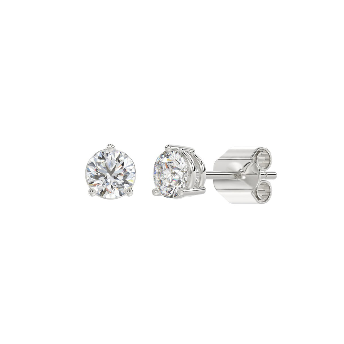 3-Prong Basket Round Brilliant Diamond Stud Earrings 1 ct, 10K White Gold, angled view