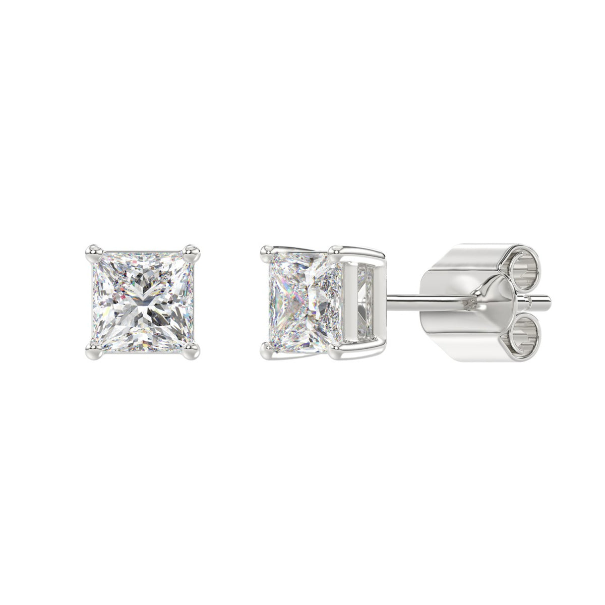4-Prong Basket Princess Diamond Stud Earrings 2 ct, 10K White Gold, angled view