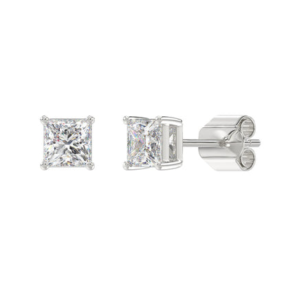 4-Prong Basket Princess Diamond Stud Earrings 2 ct, 10K White Gold, angled view