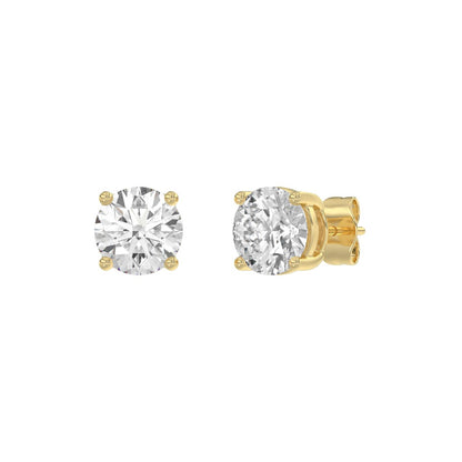 4-Prong Basket Round Brilliant Diamond Stud Earrings 3 ct, 10K Yellow Gold, angled view