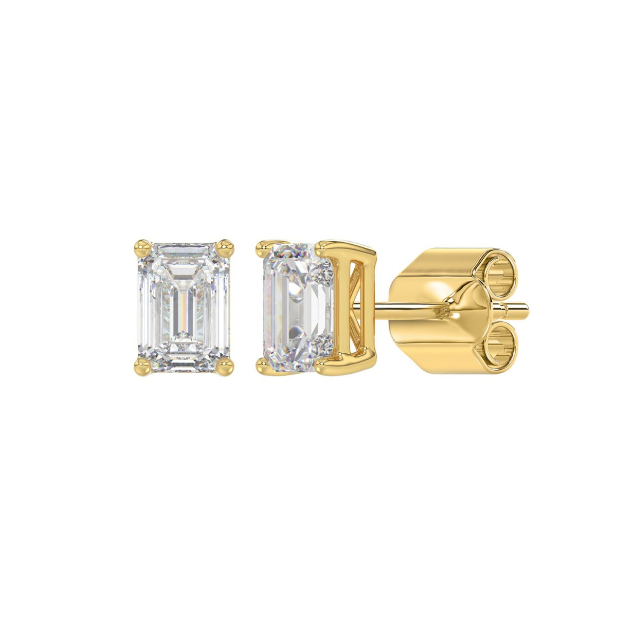4-Prong Basket Emerald Cut Diamond Stud Earrings 1.5 ct, 10K Yellow Gold, angled view