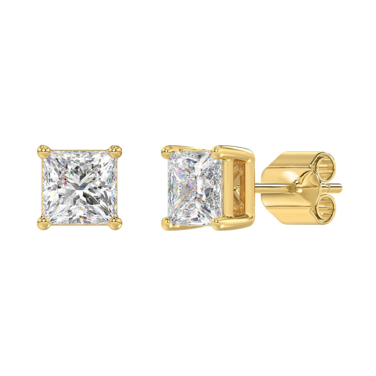 4-Prong Basket Princess Diamond Stud Earrings 3 ct, 10K Yellow Gold, angled view