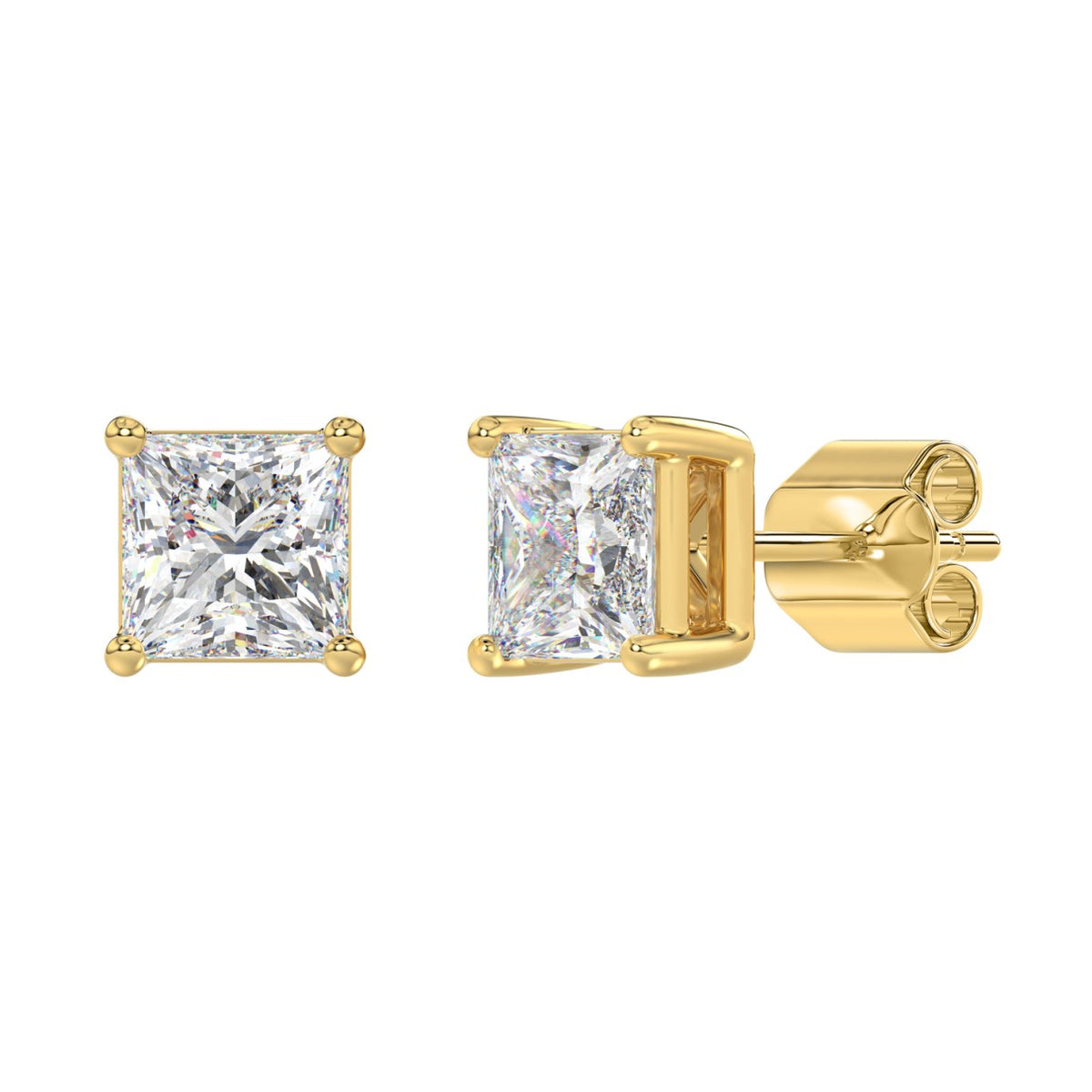 4-Prong Basket Princess Diamond Stud Earrings 4 ct, 10K Yellow Gold, angled view