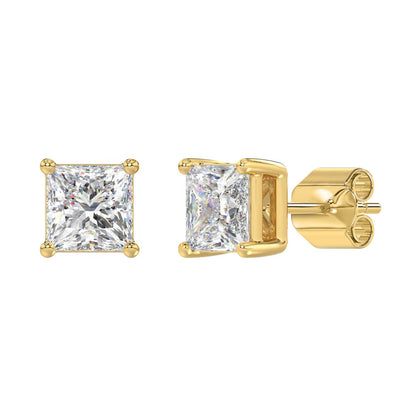 4-Prong Basket Princess Diamond Stud Earrings 4 ct, 10K Yellow Gold, angled view