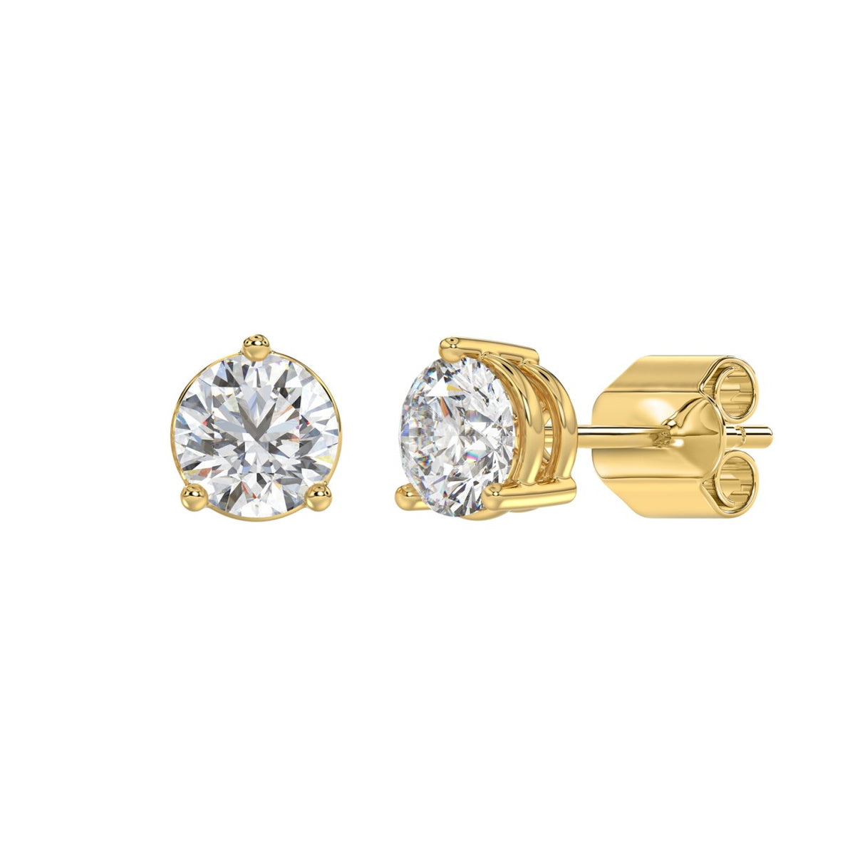 3-Prong Basket Round Brilliant Diamond Stud Earrings 3 ct, 10K Yellow Gold, angled view