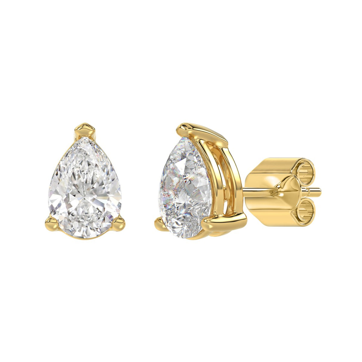 3-Prong Basket Pear Diamond Stud Earrings 3 ct, 10K Yellow Gold, angled view