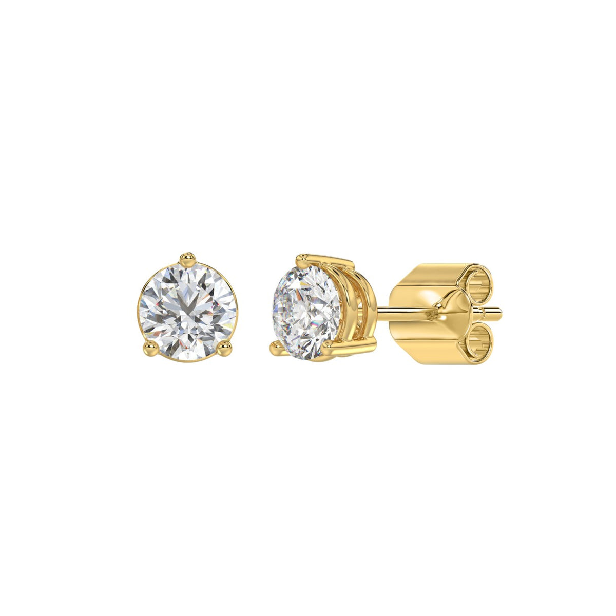 3-Prong Basket Round Brilliant Diamond Stud Earrings 1.5 ct, 10K Yellow Gold, angled view