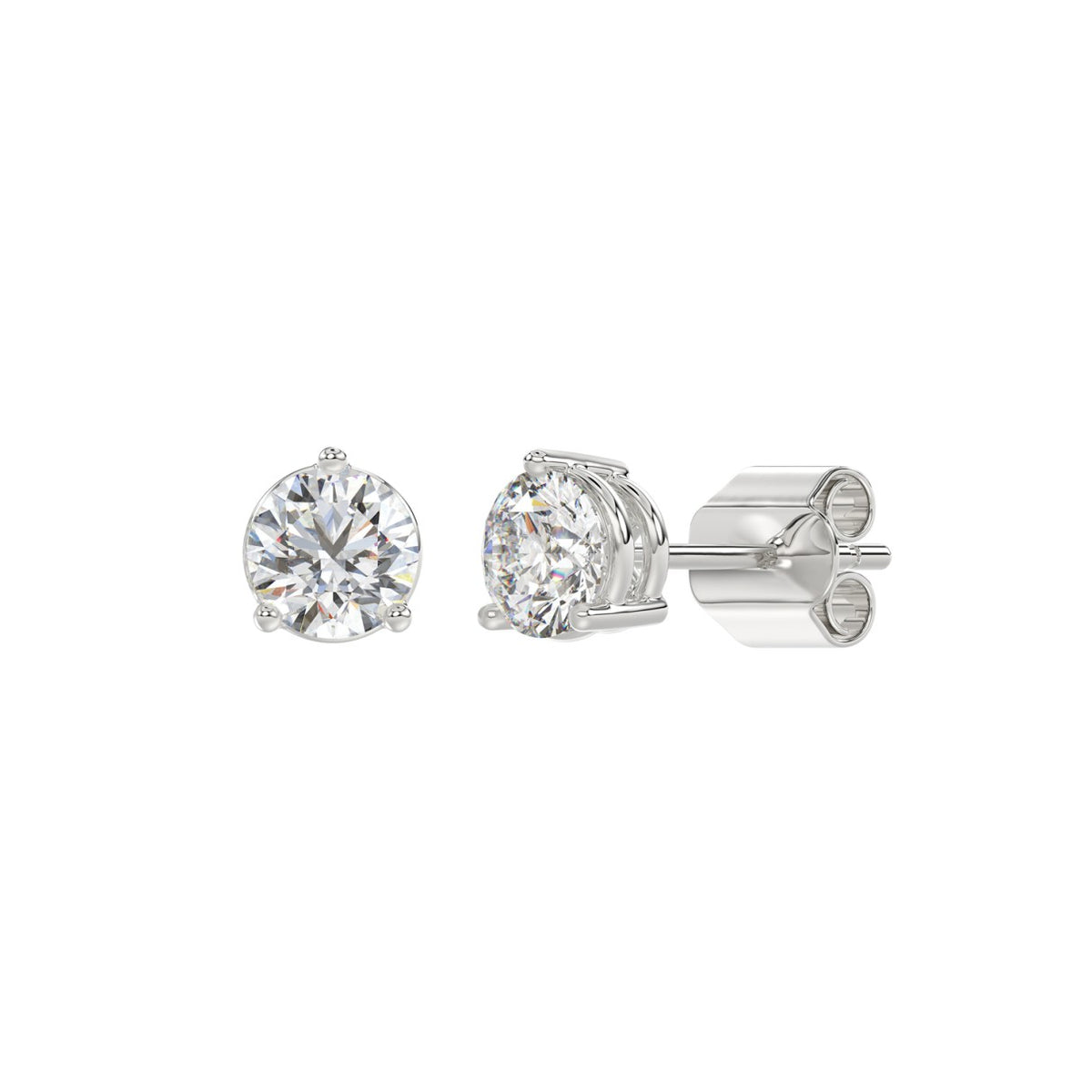 3-Prong Basket Round Brilliant Diamond Stud Earrings 1.5 ct, 10K White Gold, angled view