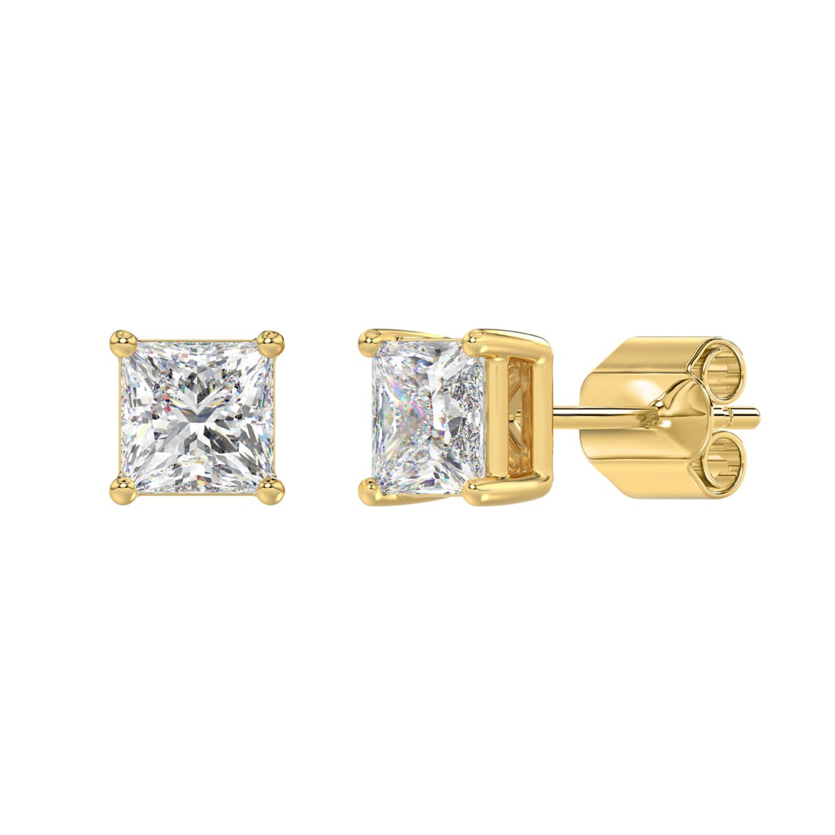 4-Prong Basket Princess Diamond Stud Earrings 2.5 ct, 10K Yellow Gold, angled view