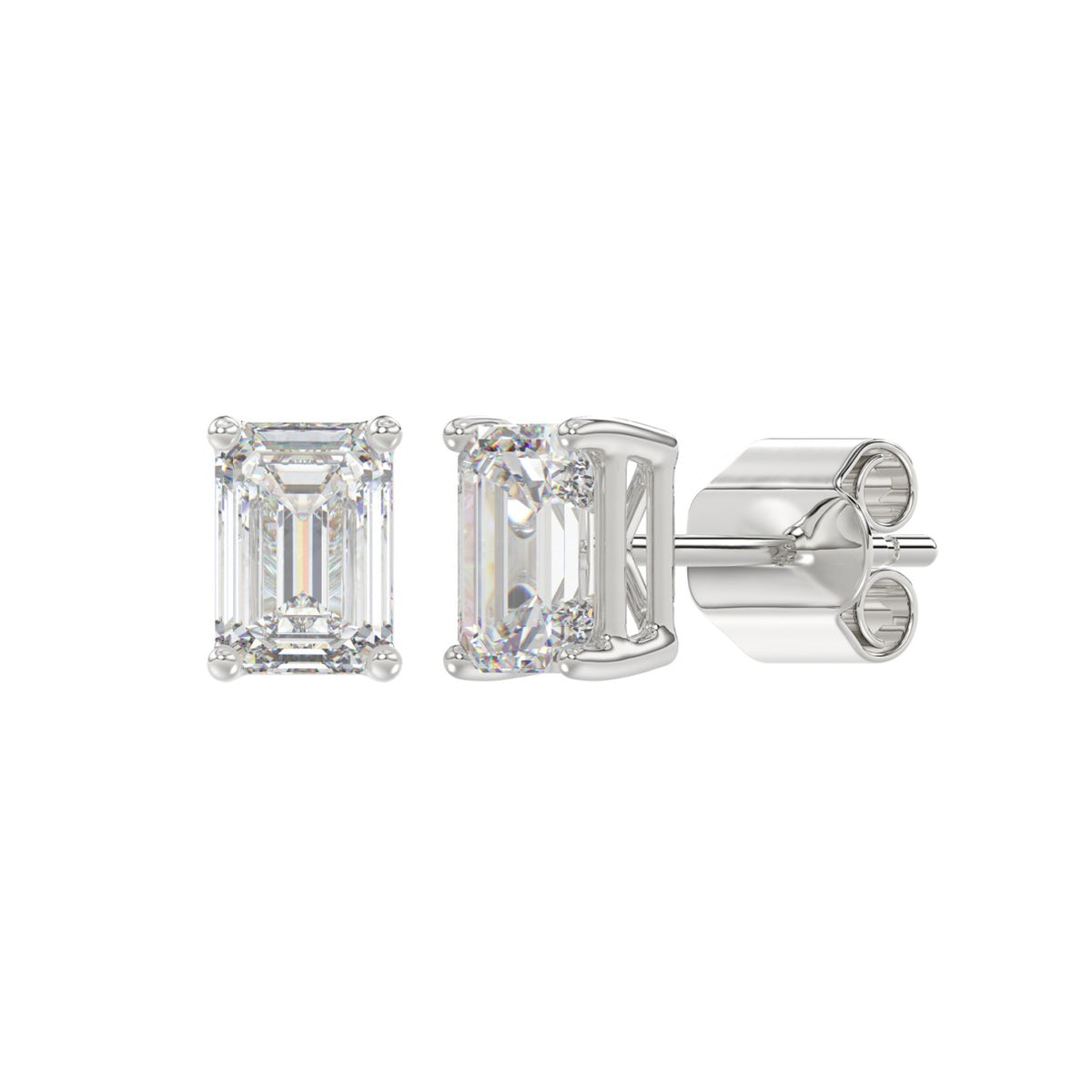 4-Prong Basket Emerald Cut Diamond Stud Earrings 2 ct, 10K White Gold, angled view