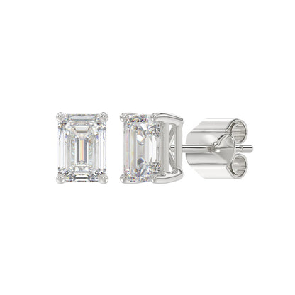 4-Prong Basket Emerald Cut Diamond Stud Earrings 2 ct, 10K White Gold, angled view
