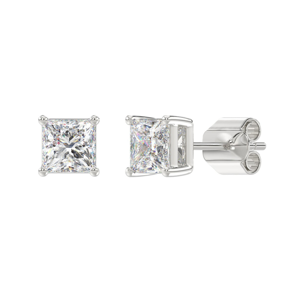 4-Prong Basket Princess Diamond Stud Earrings 2.5 ct, 10K White Gold, angled view