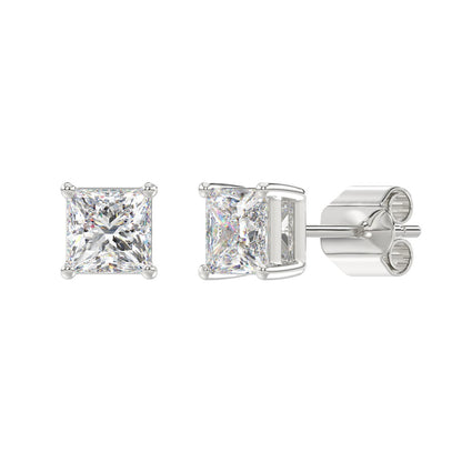 4-Prong Basket Princess Diamond Stud Earrings 2.5 ct, 10K White Gold, angled view