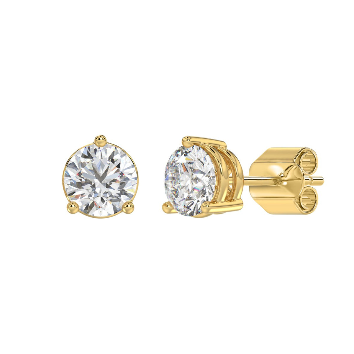 3-Prong Basket Round Brilliant Diamond Stud Earrings 4 ct, 10K Yellow Gold, angled view