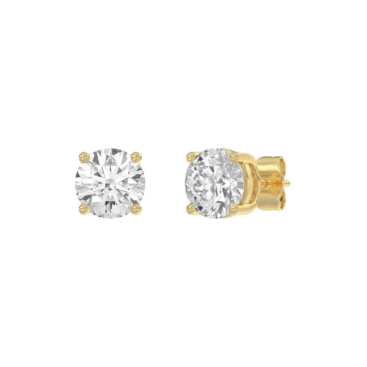 4-Prong Basket Round Brilliant Diamond Stud Earrings 3 ct, 10K Yellow Gold, angled view