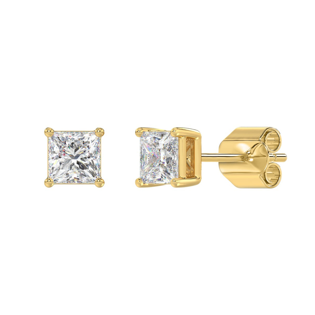 4-Prong Basket Princess Diamond Stud Earrings 2 ct, 10K Yellow Gold, angled view