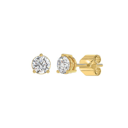 3-Prong Basket Round Brilliant Diamond Stud Earrings 1 ct, 10K Yellow Gold, angled view