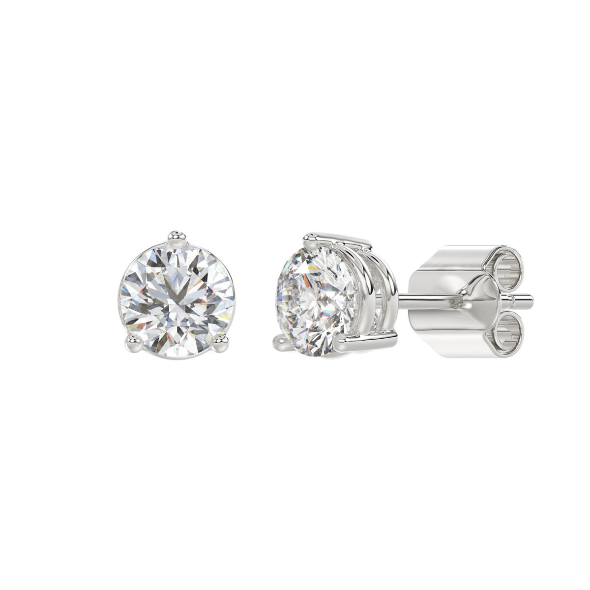 3-Prong Basket Round Brilliant Diamond Stud Earrings 3 ct, 10K White Gold, angled view