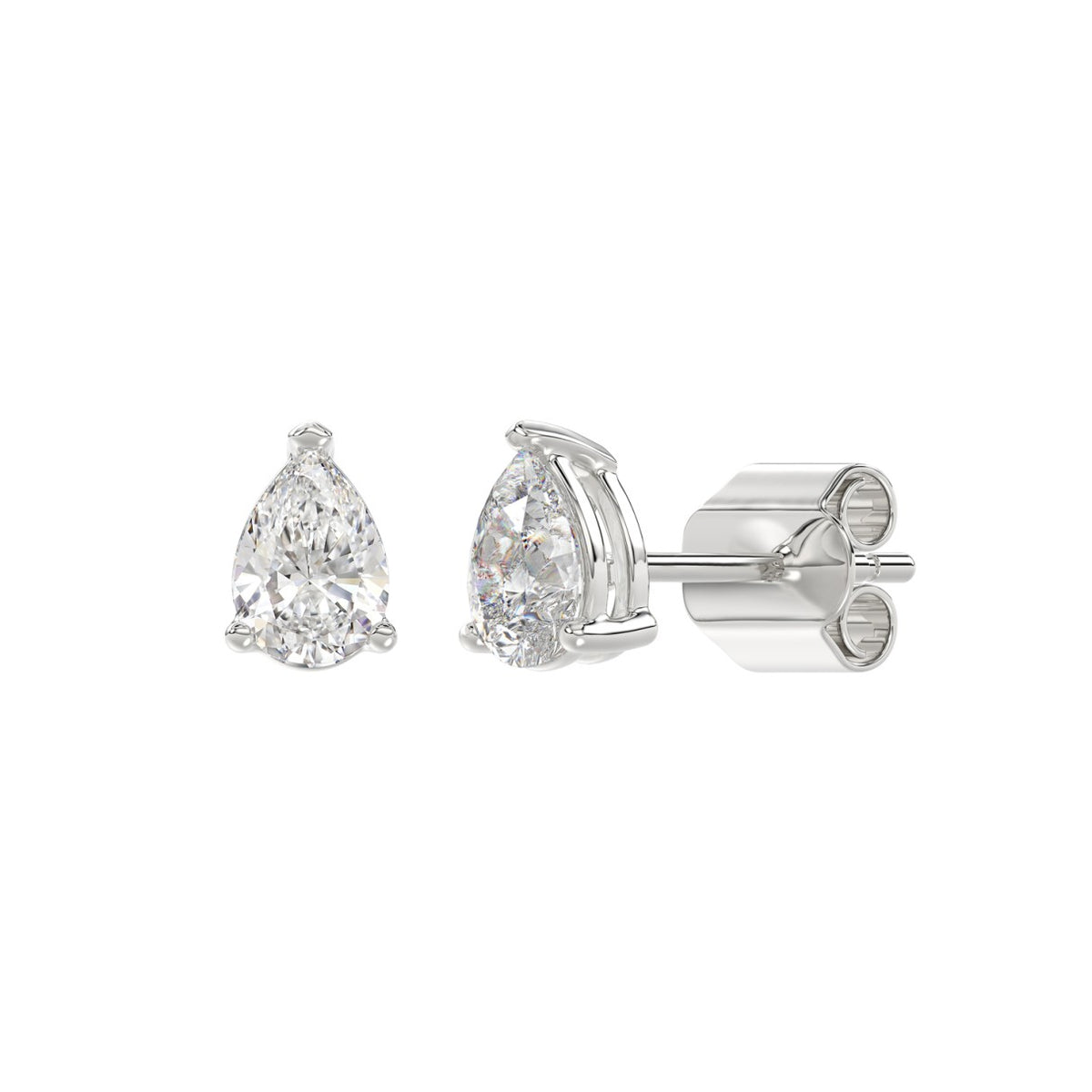 3-Prong Basket Pear Diamond Stud Earrings 1 ct, 10K White Gold, angled view