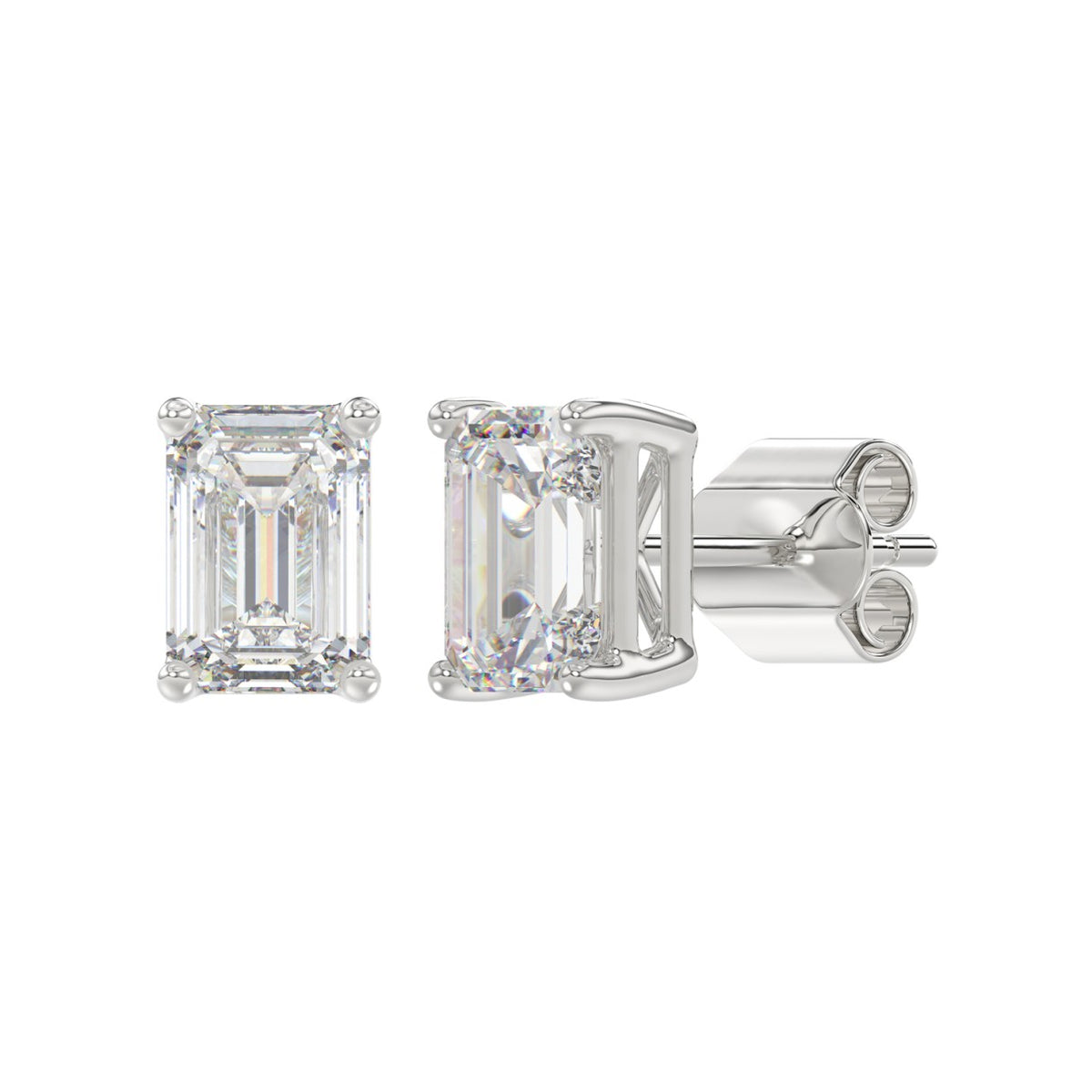 4-Prong Basket Emerald Cut Diamond Stud Earrings 4 ct, 10K White Gold, angled view