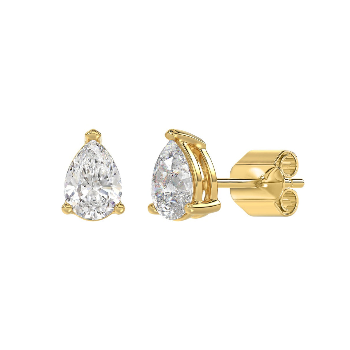 3-Prong Basket Pear Diamond Stud Earrings 2 ct, 10K Yellow Gold, angled view