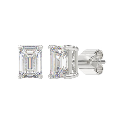 4-Prong Basket Emerald Cut Diamond Stud Earrings 3 ct, 10K White Gold, angled view