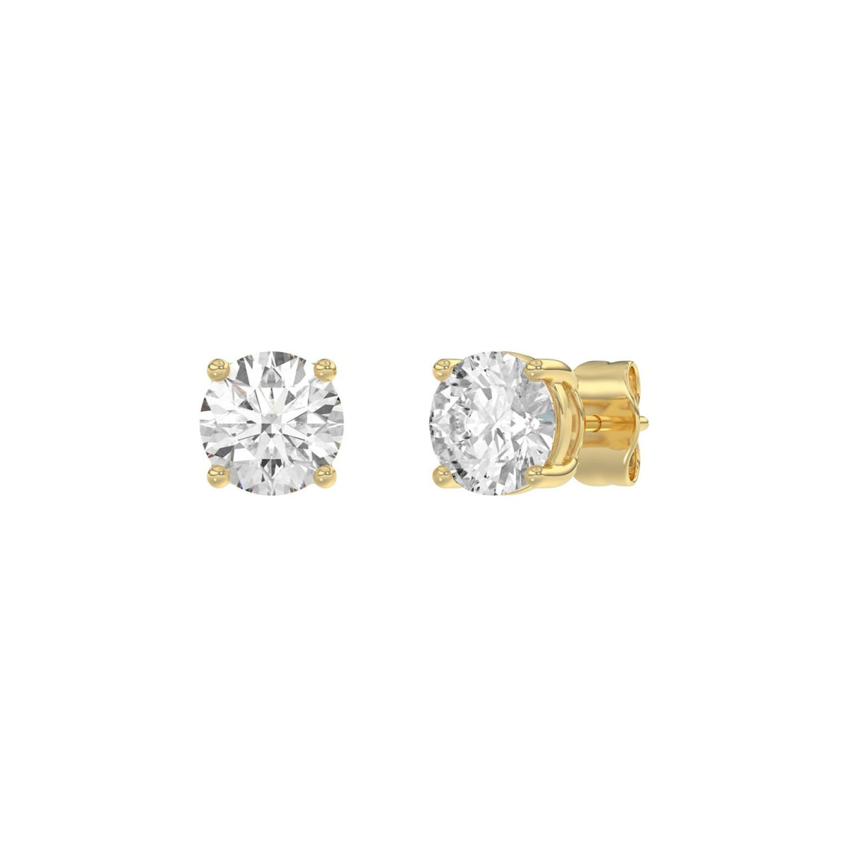 4-Prong Basket Round Brilliant Diamond Stud Earrings 2 ct, 10K Yellow Gold, angled view