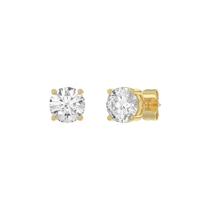 4-Prong Basket Round Brilliant Diamond Stud Earrings 2 ct, 10K Yellow Gold, angled view