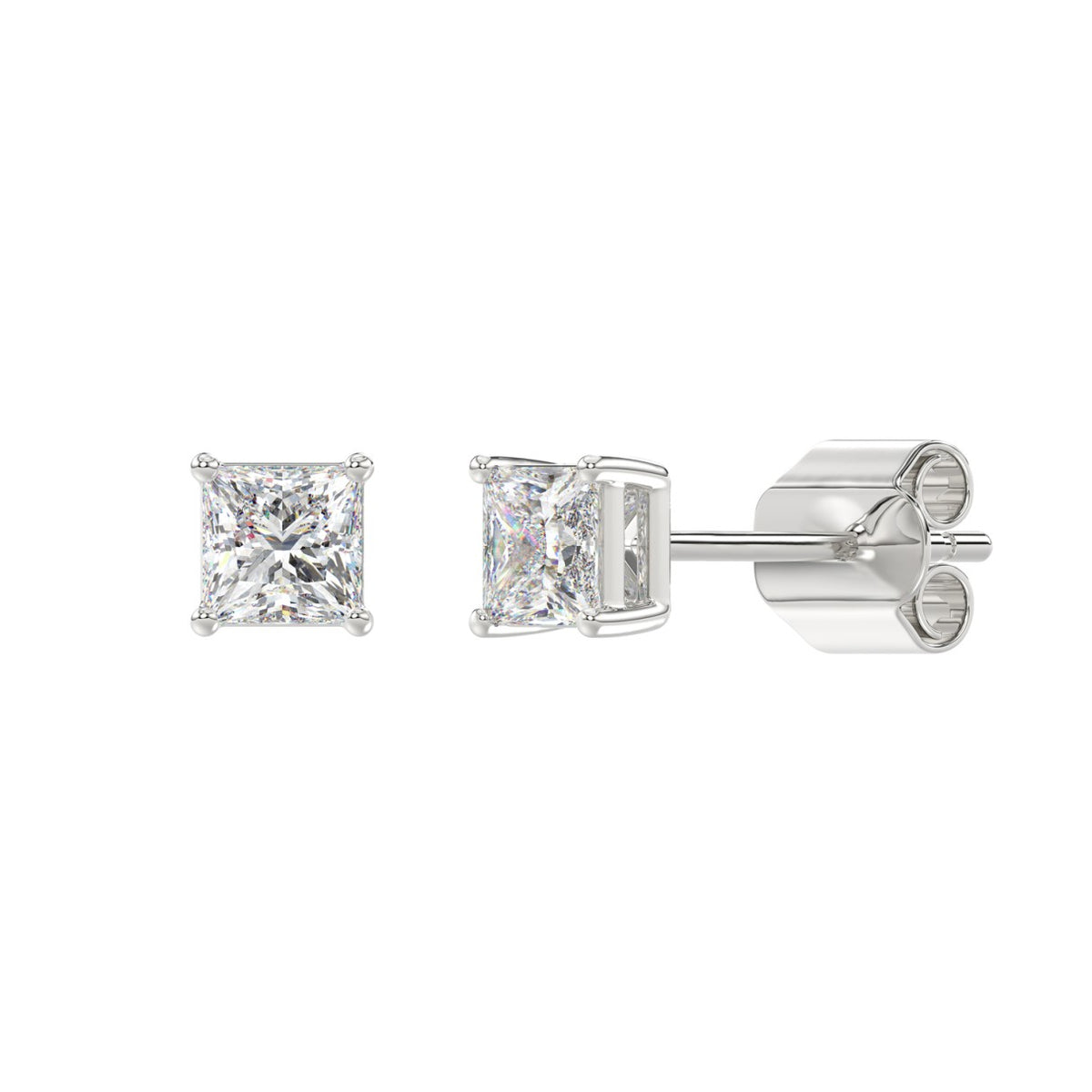4-Prong Basket Princess Diamond Stud Earrings 1 ct, 10K White Gold, angled view