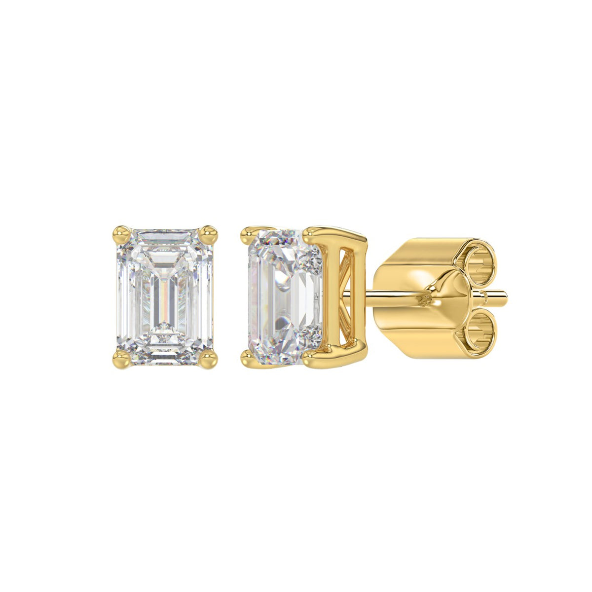4-Prong Basket Emerald Cut Diamond Stud Earrings 2 ct, 10K Yellow Gold, angled view