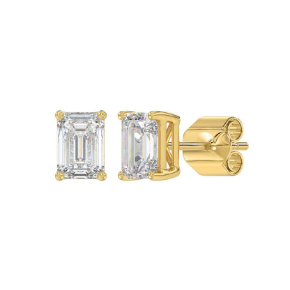 4-Prong Basket Emerald Cut Diamond Stud Earrings 2 ct, 10K Yellow Gold, angled view