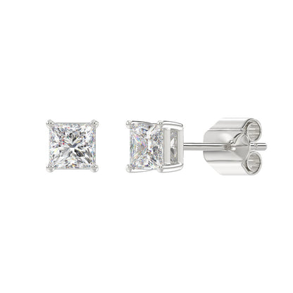4-Prong Basket Princess Diamond Stud Earrings 1.5 ct, 10K White Gold, angled view