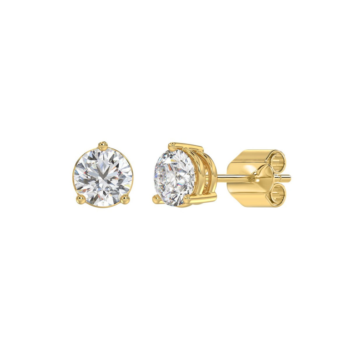 3-Prong Basket Round Brilliant Diamond Stud Earrings 2 ct, 10K Yellow Gold, angled view