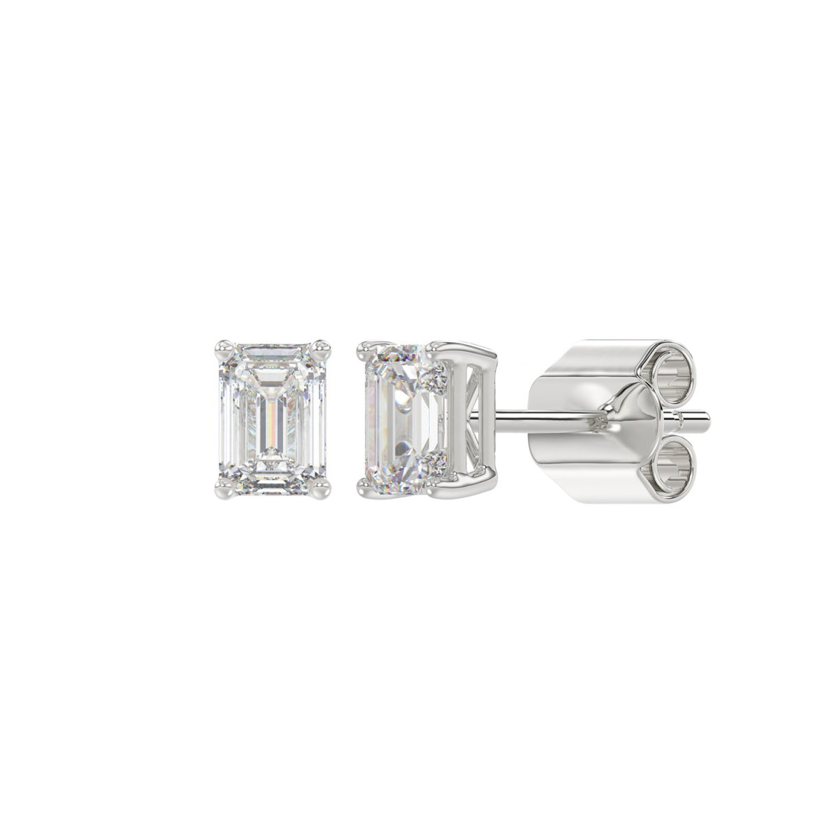 4-Prong Basket Emerald Cut Diamond Stud Earrings 1 ct, 10K White Gold, angled view