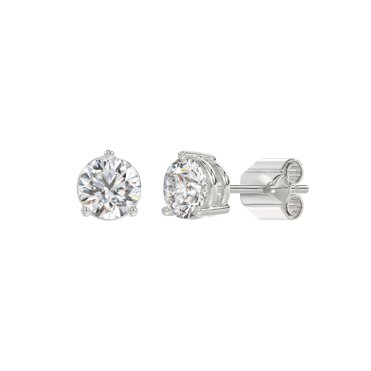 3-Prong Basket Round Brilliant Diamond Stud Earrings 2 ct, 10K White Gold, angled view