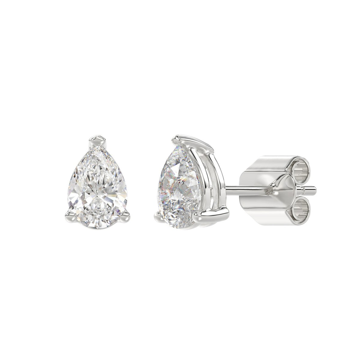 3-Prong Basket Pear Diamond Stud Earrings 2 ct, 10K White Gold, angled view