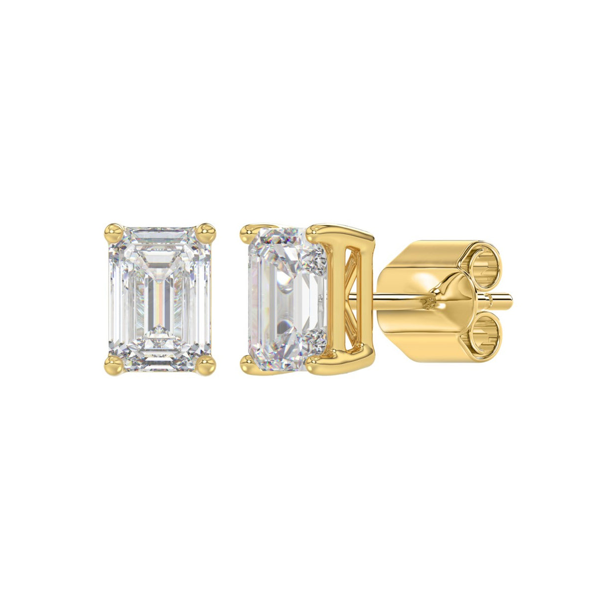 4-Prong Basket Emerald Cut Diamond Stud Earrings 2.5 ct, 10K Yellow Gold, angled view